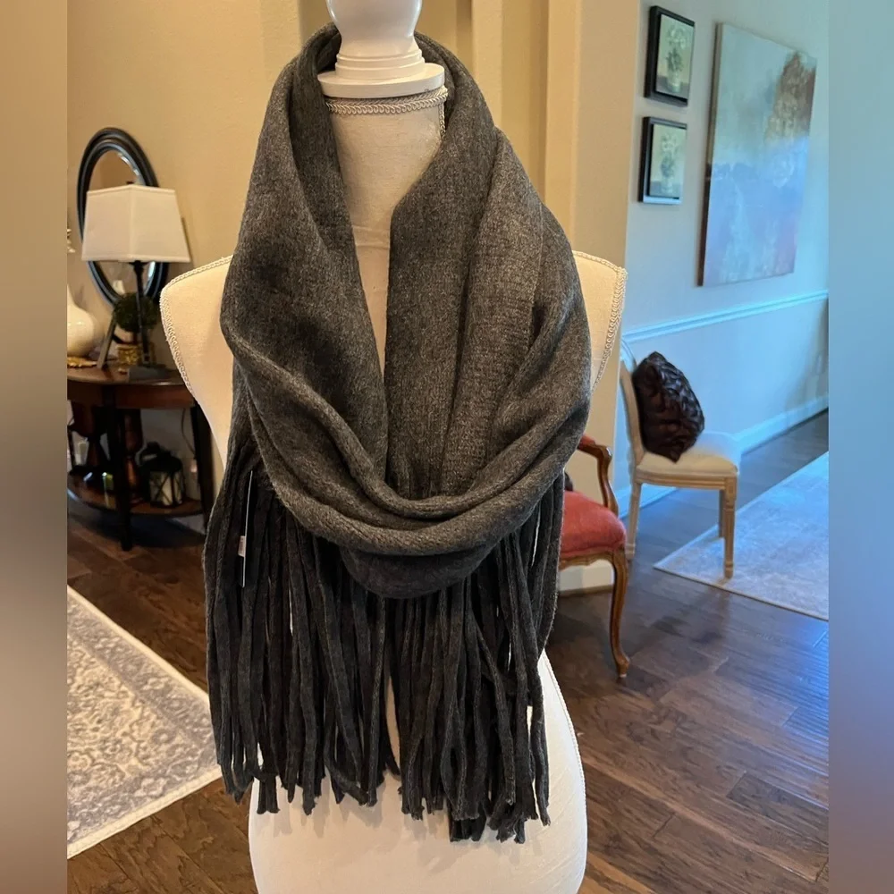 Lucky Brand Brushed Oversized Scarf Wrap in Charcoal Gray with Long Fringe